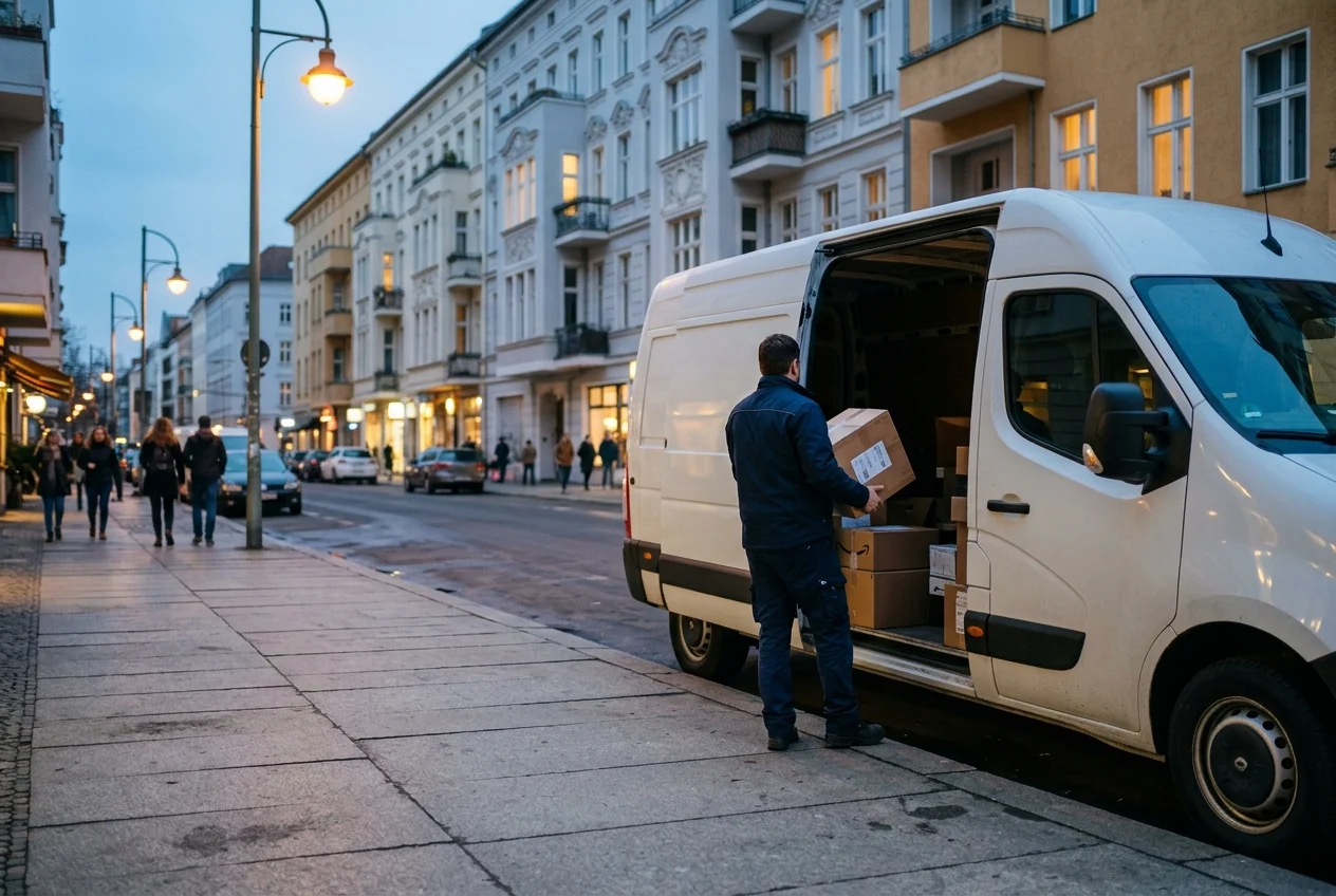 Kurier lädt ein Paket aus der offenen Schiebetür eines weißen Transporters an einer Berliner Altbaustraße zur blauen Stunde